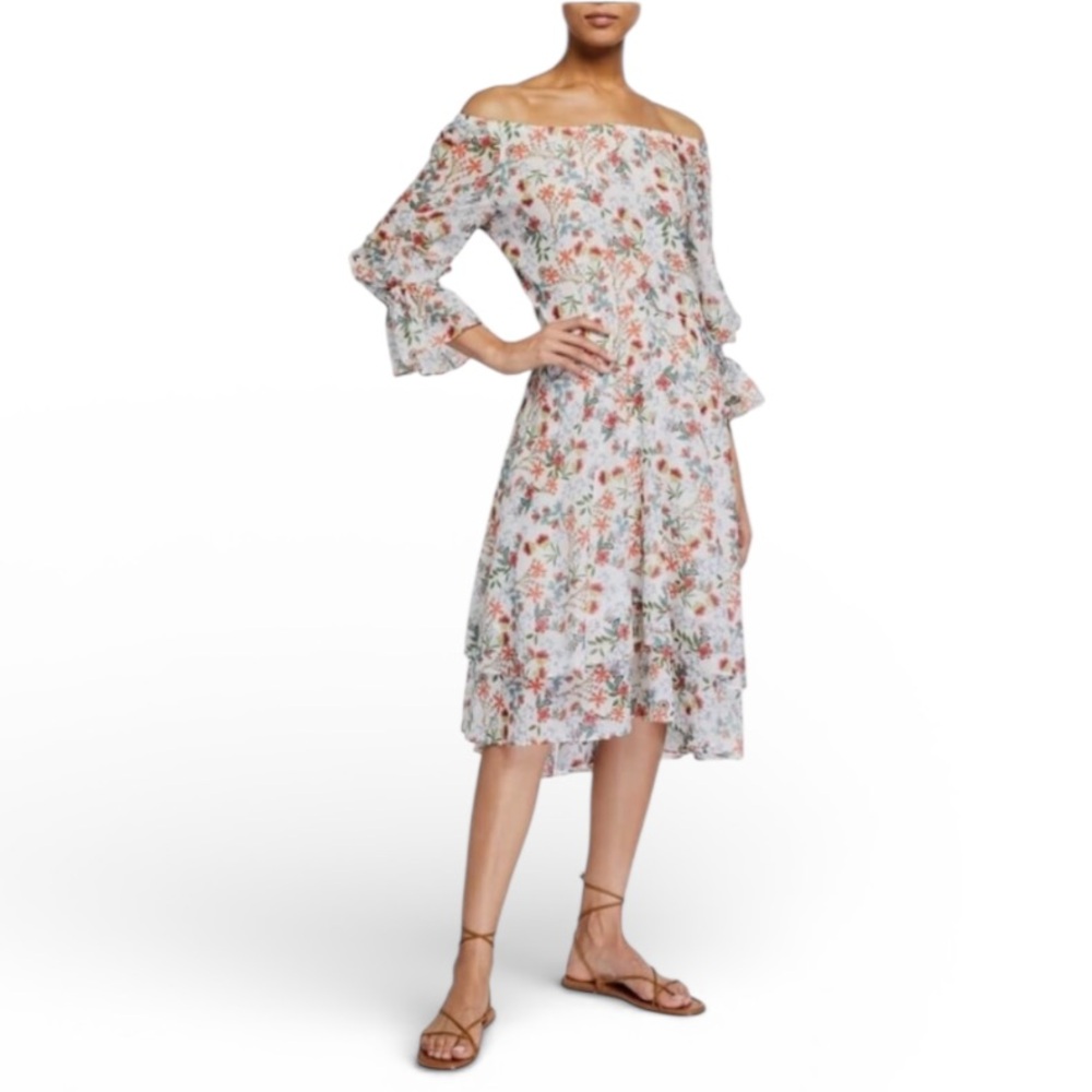 Alice + Olivia Miora Floral Off Shoulder Silk Blend Midi Dress Boho